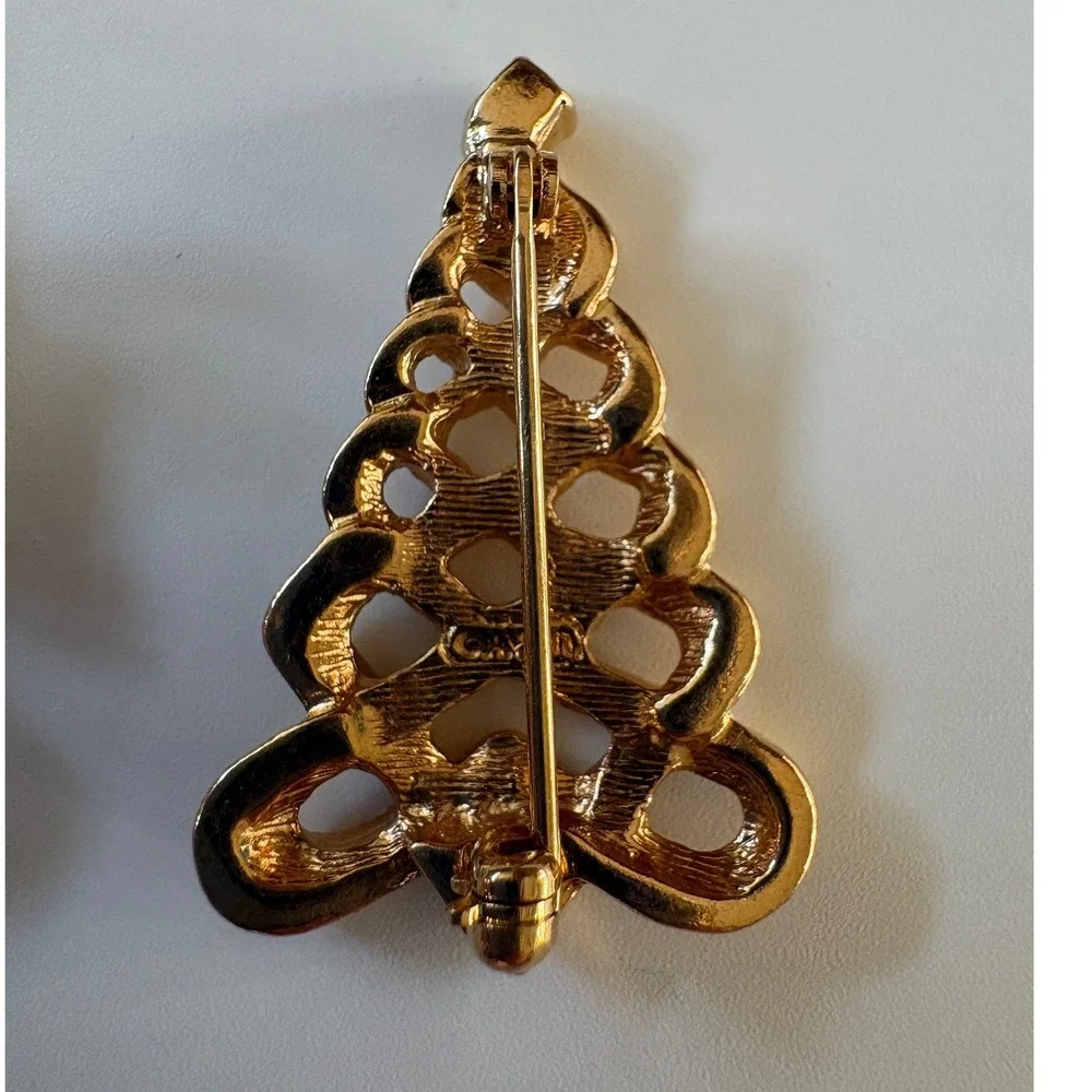 Vintage Avon Christmas Brooch Pin Set Gold Tone Bells Ribbon Tree Rhinestone 3pc